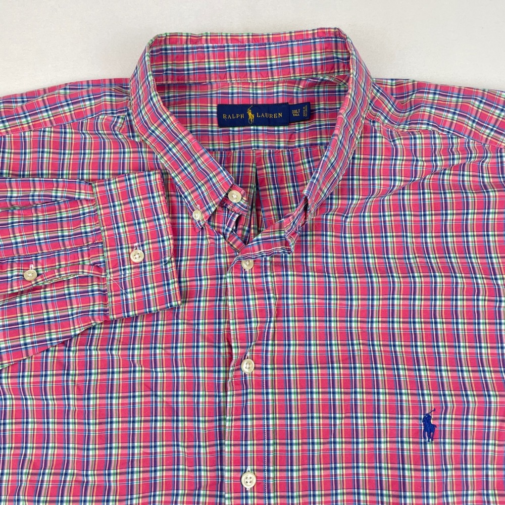 Ralph Lauren Mens 3XLT Tall Plaid Button Down Shirt Pink Blue Green Long Sleeve